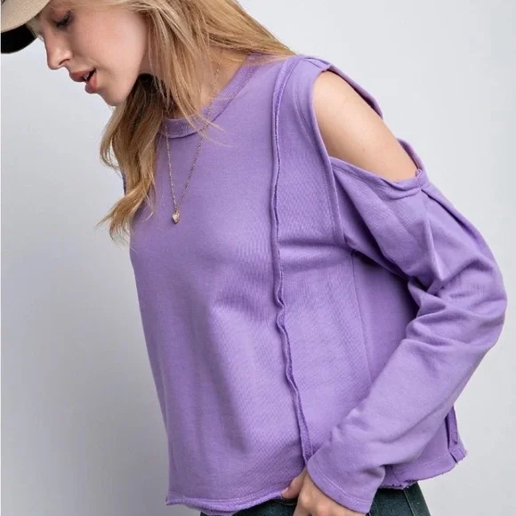 Easel Lavender Cold Shoulder Sweatshirt - Picture 4 of 5